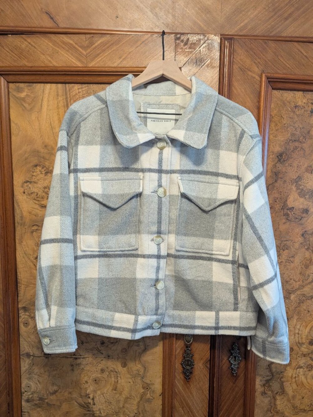 American Eagle Gray Plaid Cropped Barn Jacket